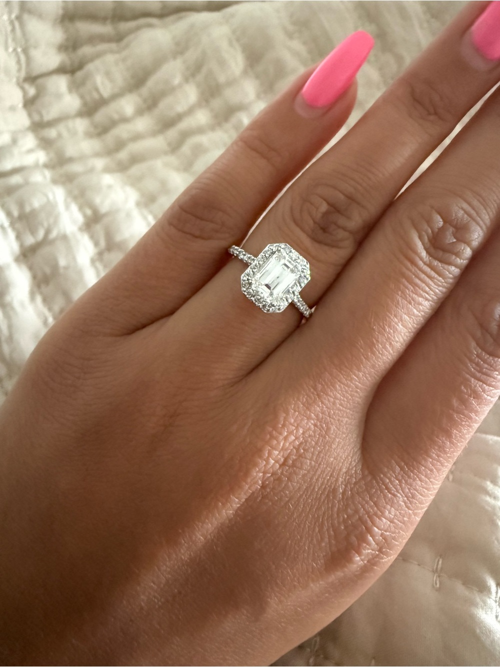 Emerald-Cut Halo Engagement Ring in white gold